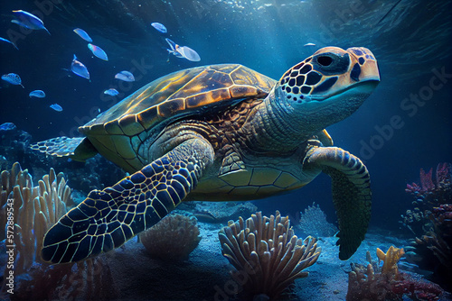 Colorful illustration of a sea turtle swimming over coral reefs, Underwater sea turtle strange marine animal underwater turtle, generative ai, © mizan