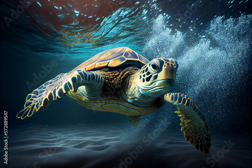 Colorful illustration of a sea turtle swimming over coral reefs, Underwater sea turtle strange marine animal underwater turtle, generative ai, © mizan