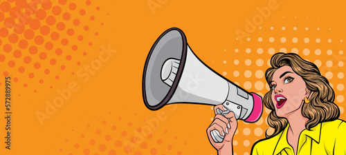 beutiful woman with megaphone pop art retro vector illustration. Woman with loudspeaker. Female announcing discount or sale. Special offer, shopping time, protest or meeting.