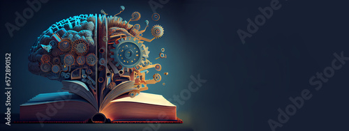 Concept of education and success. Online education, is a new idea. Collage with a brain, gears, and book. book of knowledge lightbulb brain, generative ai