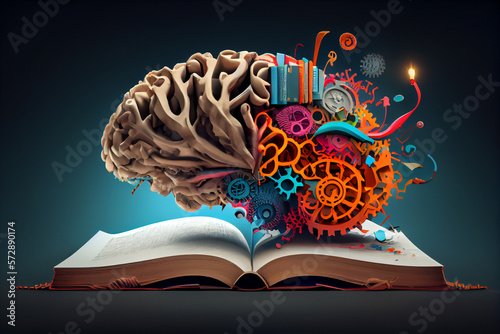 Concept of education and success. Online education, is a new idea. Collage with a brain, gears, and book. book of knowledge lightbulb brain, generative ai