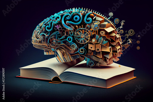 Concept of education and success. Online education, is a new idea. Collage with a brain, gears, and book. book of knowledge lightbulb brain, generative ai