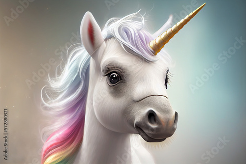 cute sweet rainbow baby unicorn horse, smiling, kids pastel color fantasy magic background, golden horn, digital created by generative ai