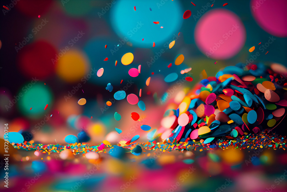 Festive flying in the air colored confetti for the celebration and party at night, multicolored paper confetti to celebrate victory and birthday and new year. Generative AI