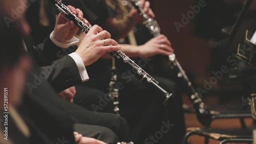 An oboe player performing during a live classical symphony music concert