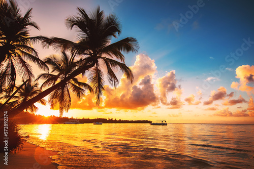 Fototapeta Naklejka Na Ścianę i Meble -  Tropical island beach shore with exotic palm trees, clear water of caribbean sea and white sand. Playa Bavaro, Saona, Punta Cana, Dominican Republic