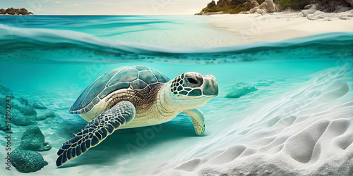 A sea turtle at beautiful beach with clear water and white sand. Created with generative AI. 