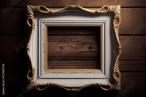 A white empty picture frame made of carved wood on Wooden wall background