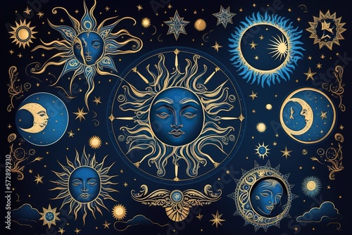Drawing of golden stars, moon, planets, constellations on a blue background, mystical. drawing for tarot cards, fantasy magic space. Generative AI