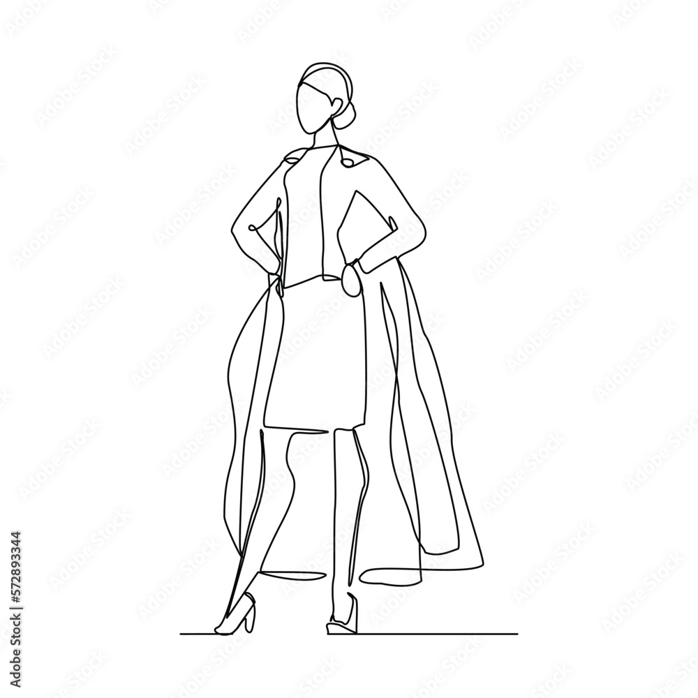 Continuous single one line drawing of standing business super hero woman. Vector illustration concept of power employee, success achievement, business hero leader.