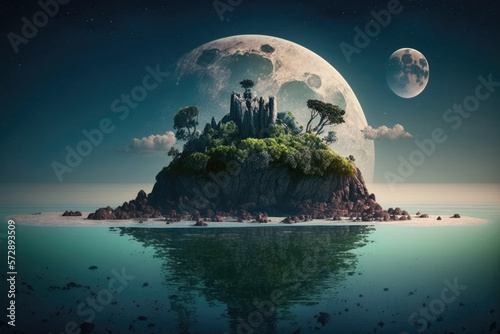 colorful fantasy small island with the moon bright, generative AI. © Kien