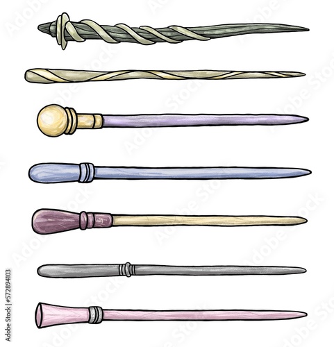 Big set of different vintage wooden magic wands. Magical items for wizards. Halloween old traditional outfit. Hand drawn illustration isolated on a white background.