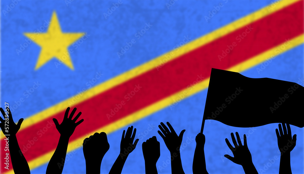 Naklejka premium Winning or championship of Congo Democratic Republic country, celebrating concept, fans silhouette with flag