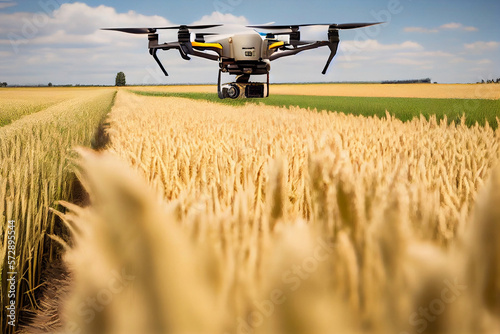 Drone flies in the sky over rice and wheat fields  technology in the agricultural business  automatic crop management  green technology of the future Generative AI