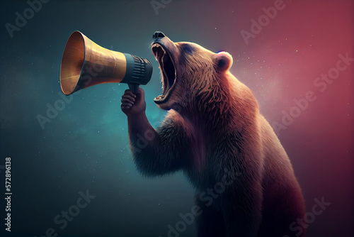 Bear roaring on a megaphone, announces the end of the bullish trend and the beginning of a bearish trend or recession in the stock and cryptocurrency market. AI.