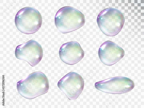 Rainbow soap bubbles with highlights and reflections of various shapes isolated on a light background. Set of transparent realistic bubbles.