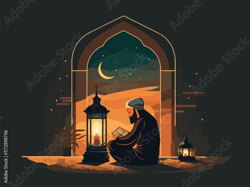 Muslim Man Character Reading Quran With Burning Lantern On Arabic Door In Crescent Moon Night. Islamic Festival Of Eid Or Ramadan Concept. photo