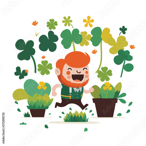 Happy Leprechaun Man Character Running On Park Or Garden With Cactus Plant And Clover Leaves. St Patricks Day Concept.
