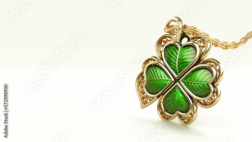 Saint Patricks Day Concept with Clover Leaf Pendant and Golden Chain. 