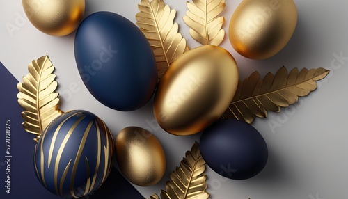 navy blue and gold easter eggs, top view, flat lay, generative AI