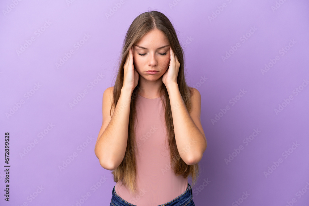 Young Lithuanian woman isolated on purple background with headache Young Lithuanian woman isolated on purple background with headache