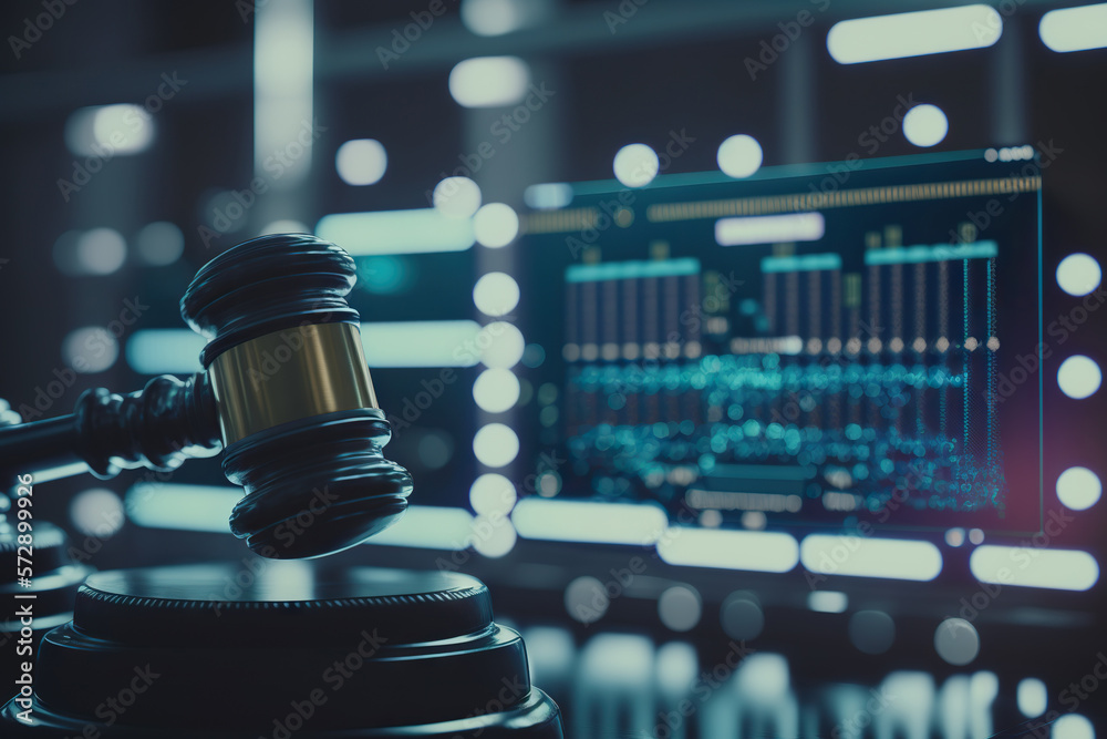 Judge gavel on background of data center. Digital law concept of duality of Judiciary, Jurisprudence and Justice and data in the modern world. Copy space. Based on Generative AI