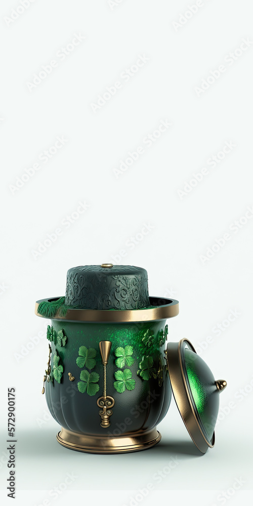 3D Render of Golden And Green Antique Pot With Decorative Clover Leaves. St. Patrick's Day Concept. 3D Render of Golden And Green Antique Pot With Decorative Clover Leaves. St. Patrick's Day Concept.