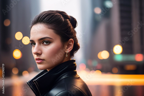 A womancyberpunk style in a leather jacket looking at the camera with a city in the background at night time with lights. Generative AI