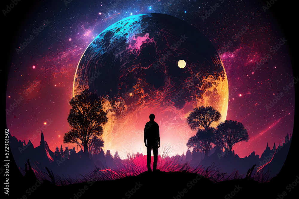 Man silhouette standing on futuristic planet surface and looking on cosmic landscape with nebula and galaxy. Generated with Generative AI - obrazy, fototapety, plakaty 