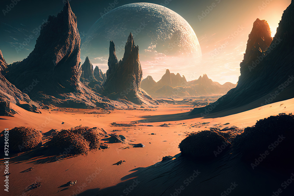 Landscape of unknown red planet surface with craters and mountains.  Extraterrestrial landscape. Fantasy world. Created with generative ai.  Stock Illustration | Adobe Stock