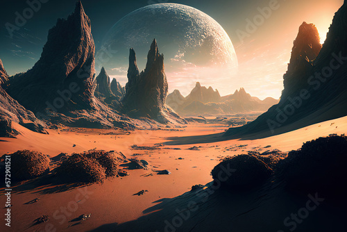 Foto Landscape of unknown red planet surface with craters and mountains