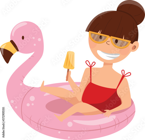 Cute Girl with sunglasses swimming at pink flamingo