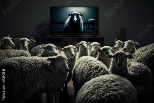 Concept of propaganda and fake news, TV addiction. Sheepd watching TV in dark room. Politicians manipulate the population. Created with Generative AI photo
