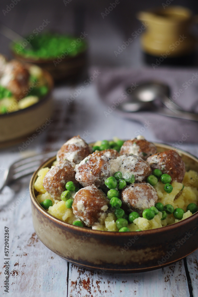 Swedish meatballs with mashed potato side dish - typical dish of Swedish cuisine	