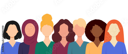 
Seven women of different nationalities, races, and religions. Sisterhood for Equality. Vector illustration isolated on white background.