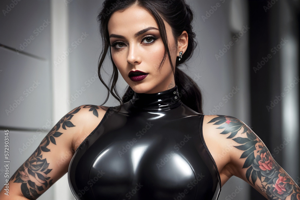 Beautiful brunette woman in fetish leather latex lingerie in bdsm style in  an old room. Generative AI Stock Illustration