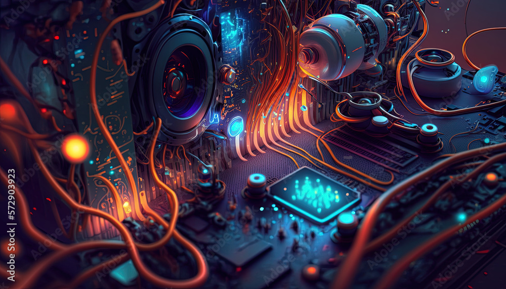 Fototapeta premium Servers, hard drives, cables, hi tech, technology, digital, electronics, it, computing, future, colorful, link, connection, link, fantasy, illustration, generative AI