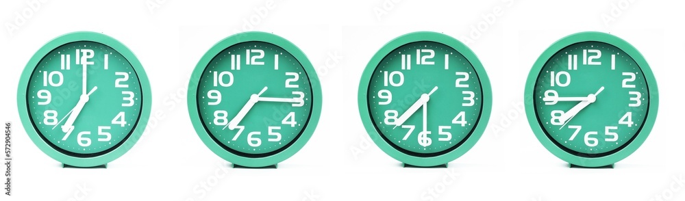 close up of a set of green clocks showing the time; 7, 7.15, 7.30 and 7.45 p.m or a.m. Isolated on white background - obrazy, fototapety, plakaty 