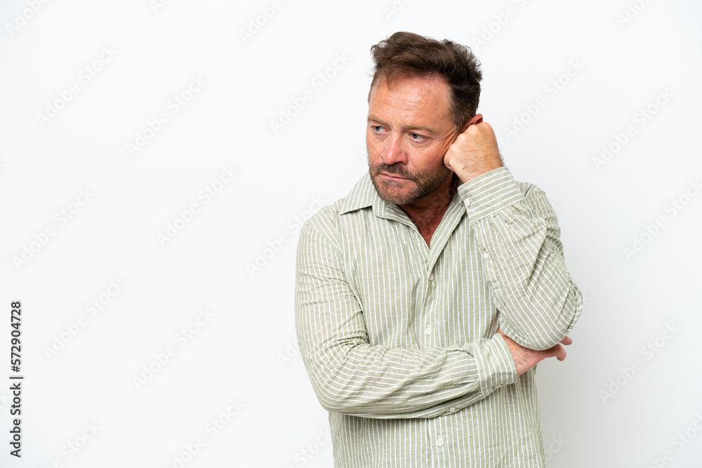 Middle age caucasian man isolated on white background with tired and bored expression Middle age caucasian man isolated on white background with tired and bored expression