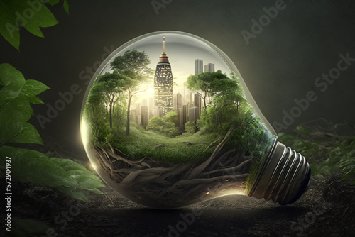 renewable energy-protected light bulb where there is an inside future city in the bulb, background there is a green atmosphere world © Herki
