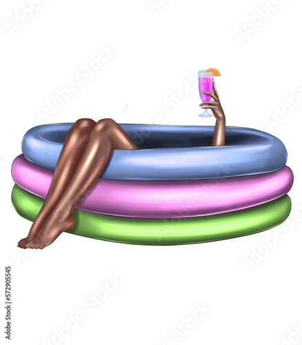 A girl in an inflatable pool drinking a cocktail