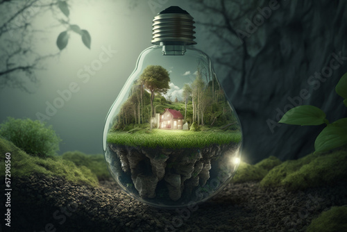 renewable energy-protected light bulb where there is an inside future city in the bulb, background there is a green mossy atmosphere world © Herki
