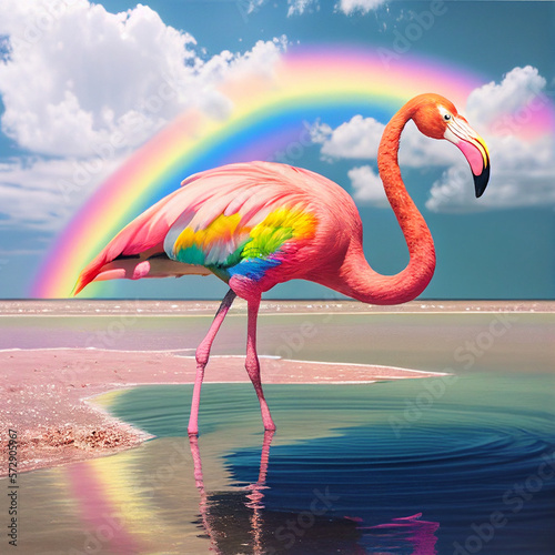 flamingo in the water with rainbow