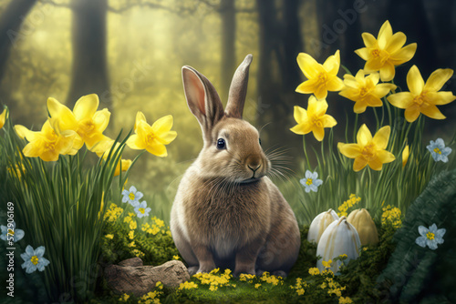 Generative AI illustration of cute adorable rabbit bunny at Easter in forest landscape surrounded by Spring daffodils photo
