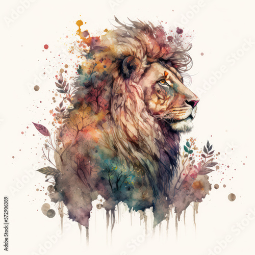 Generative AI illustration of beautiful watercolour painting style image of lion's head combined with plants and flowers nature design