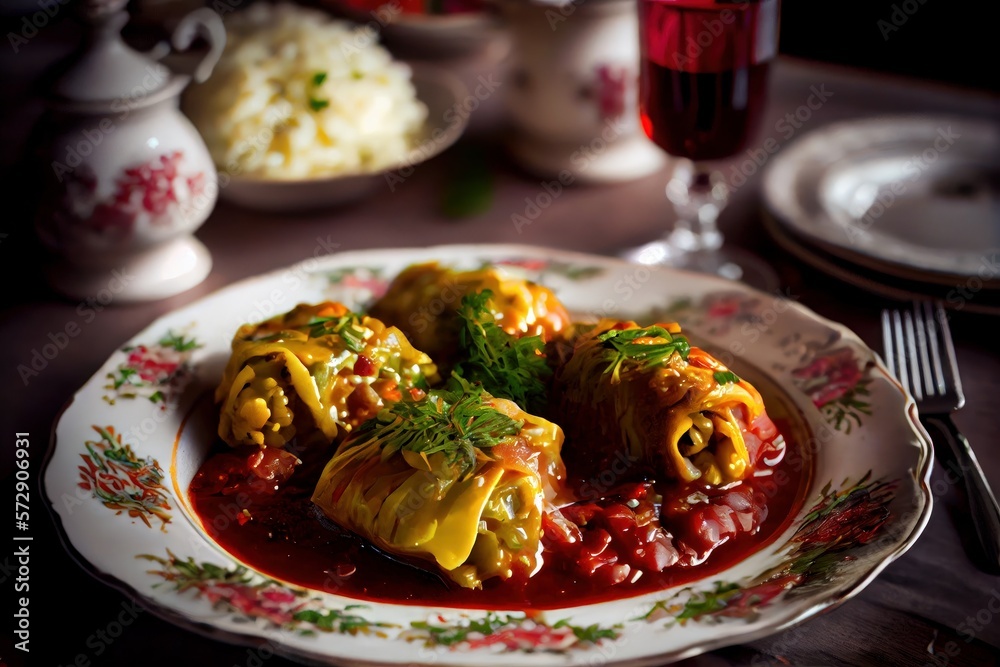 Holubtsi with cranberry sauce: Stuffed cabbage rolls filled with ground beef, rice, and vegetables, served with a tangy cranberry sauce