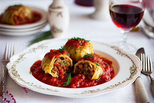 Holubtsi with cranberry sauce: Stuffed cabbage rolls filled with ground beef, rice, and vegetables, served with a tangy cranberry sauce photo