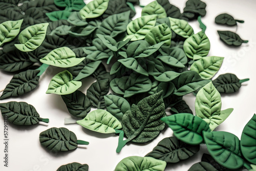 green hyper-realistic floral hand-made plasticine flowers or play-doh spring leaves and foilage with stems, isolated on white background (generative ai)