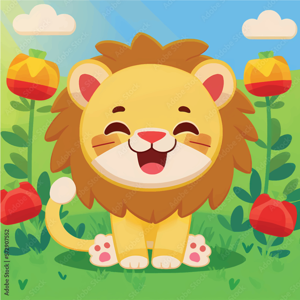 This playful illustration of a friendly lion with a nature background is perfect for kids. The charming and approachable style of the lion evokes a sense of adventure, while the soothing nature This playful illustration of a friendly lion with a nature background is perfect for kids. The charming and approachable style of the lion evokes a sense of adventure, while the soothing nature
