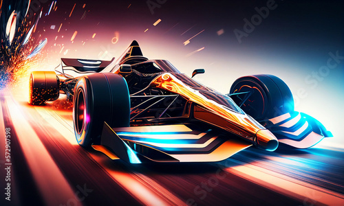 Futuristic racing formula at fast ride to finish. Formula car racing at high speed at night with neon lights. Formula 1, neon lights, ray-tracing. Postproducted generative AI digital illustration.